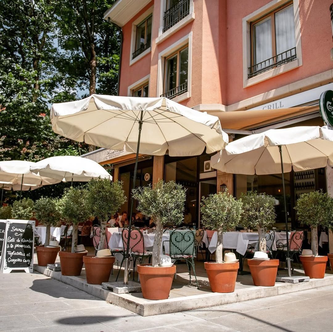 La terrasse d’Andrea’s sous les oliviers, à Florissant
